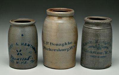 Appraisal: Three West Virginia canning jars salt glazed stoneware one marked