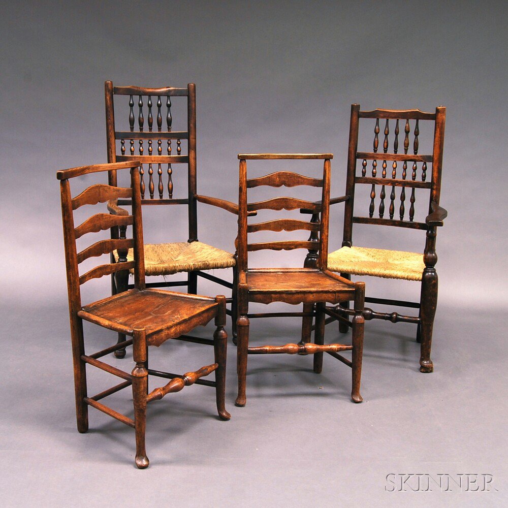 Appraisal: Four Oak Chairs two spindle-back armchairs with vase and ring