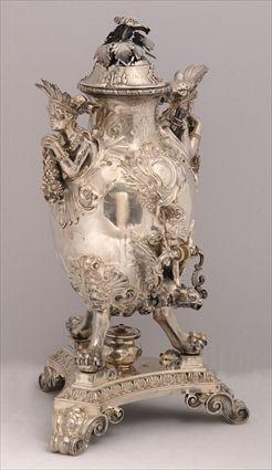 Appraisal: FRENCH ARMORIAL SILVER URN COVER AND WARMING STAND IN THE