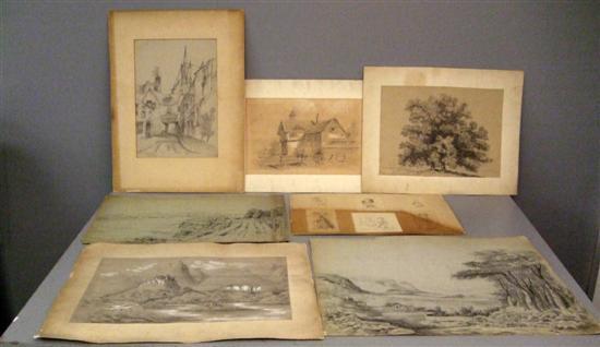 Appraisal: Selection of th century pencil drawings depicting town scenes coastal