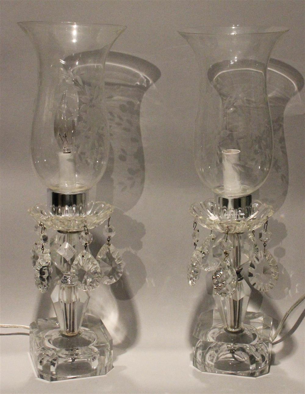 Appraisal: PAIR OF PRESSED GLASS CANDLESTICKS WITH GLASS CHIMNEYS AND CUT