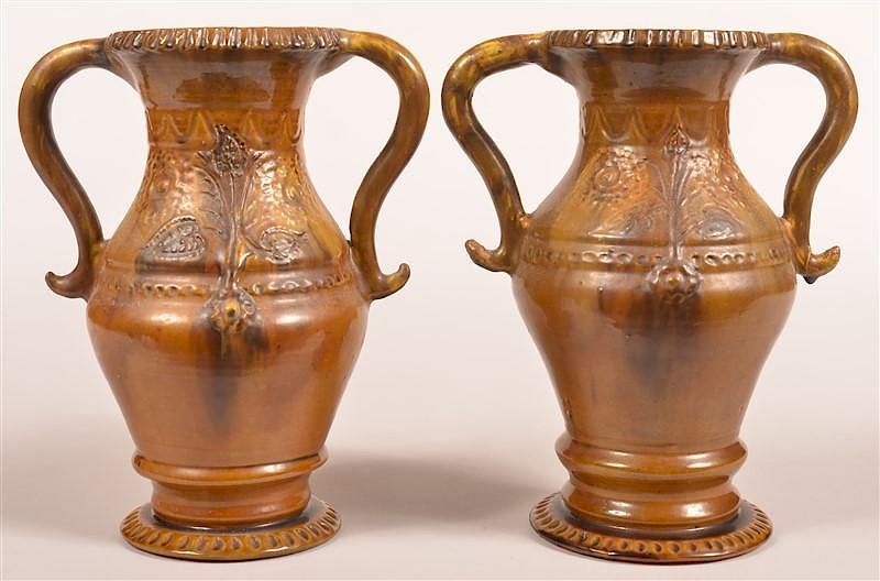 Appraisal: Pair of Stahl Redware Pottery Vases Pair of Stahl Redware