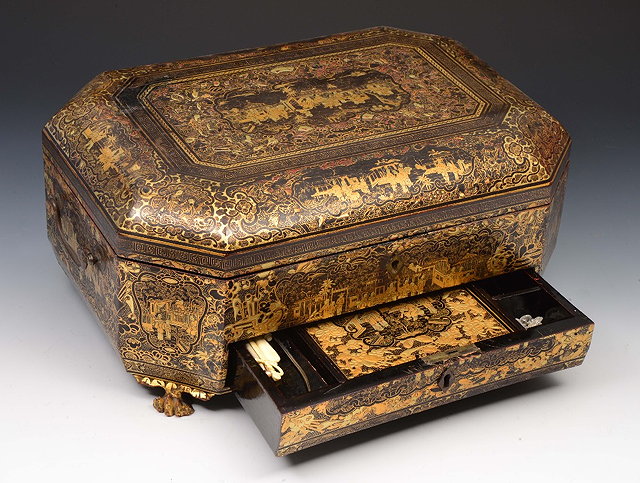 Appraisal: Chinese export black lacquer sewing boxcirca the interior with original