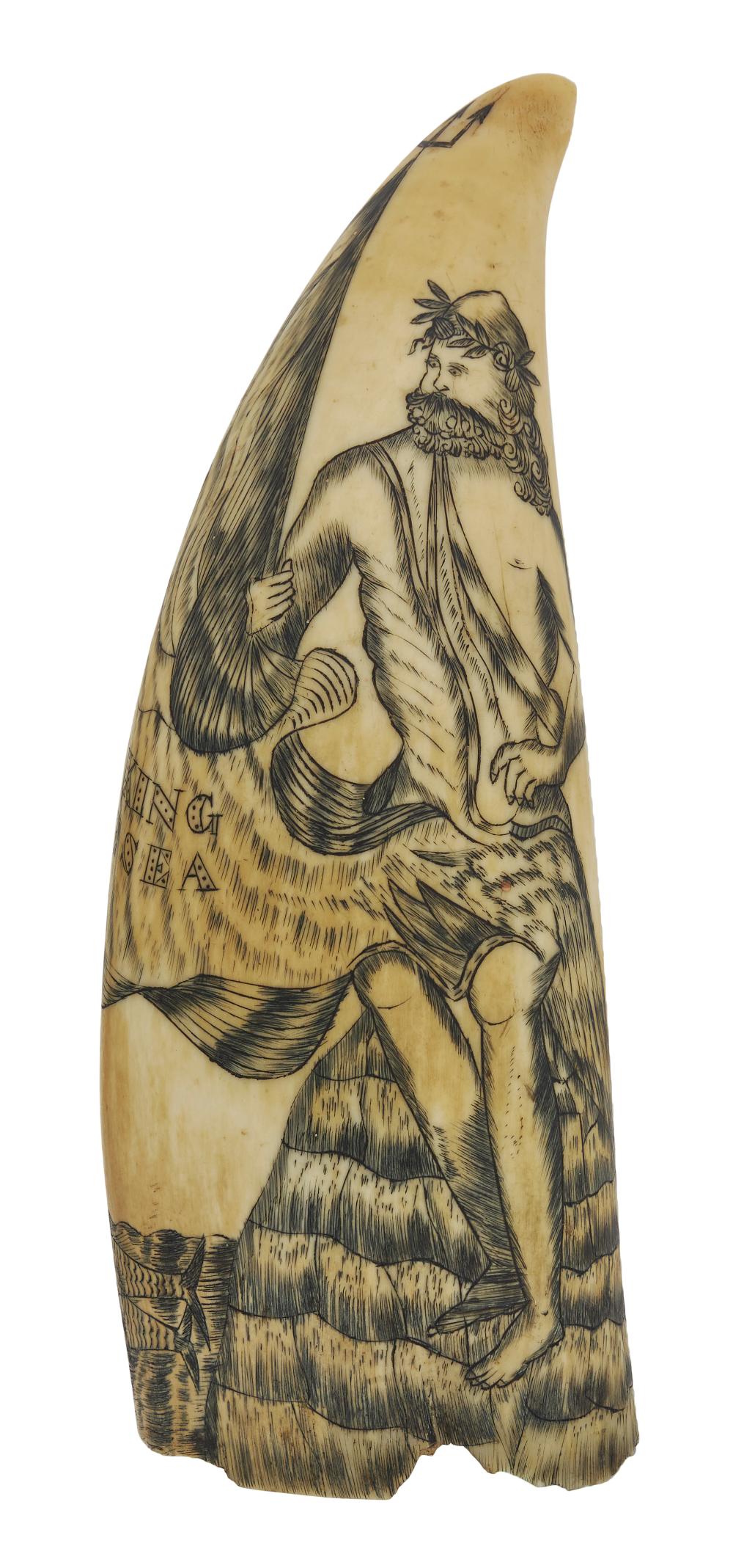 Appraisal: SCRIMSHAW WHALE'S TOOTH DEPICTING NEPTUNE ATTRIBUTED TO SAMUEL W TENNEY