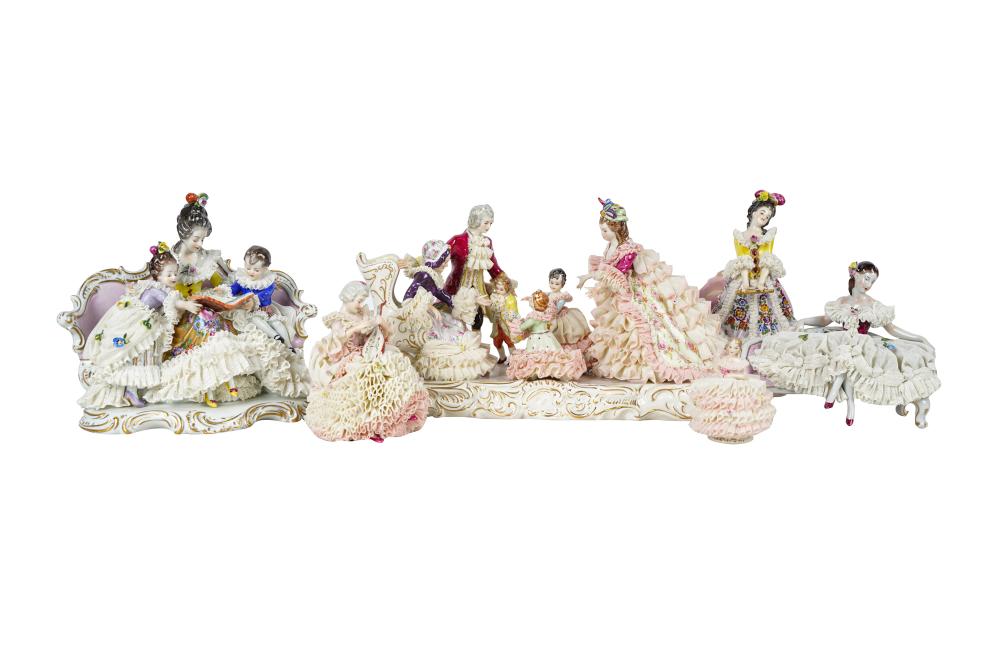 Appraisal: GROUP OF SIX LACE PORCELAIN FIGURAL GROUPSthe largest group marked