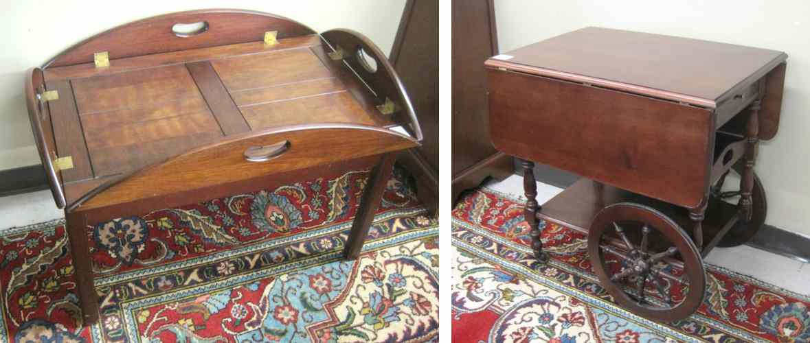 Appraisal: MAHOGANY TEACART AND COFFEE TABLE -tier drop-leaf teacart oval nautical