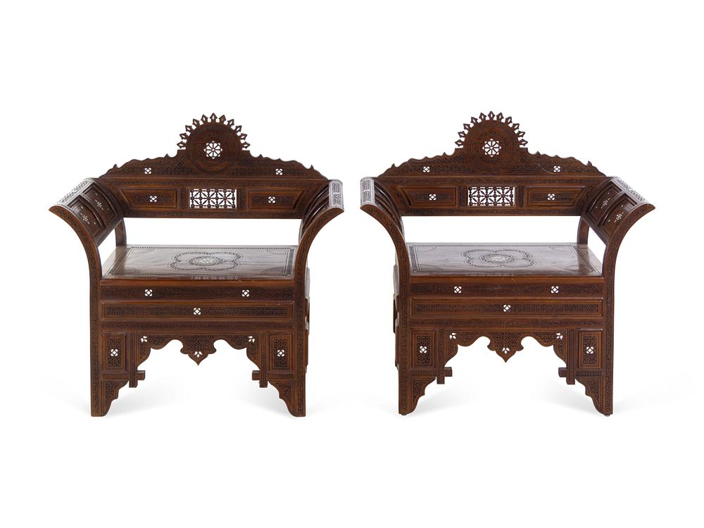 Appraisal: A Pair of Syrian Mother-of-Pearl Inlaid Carved Walnut Armchairs A