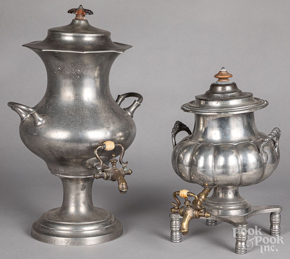 Appraisal: Two pewter hot water urns Two pewter hot water urns