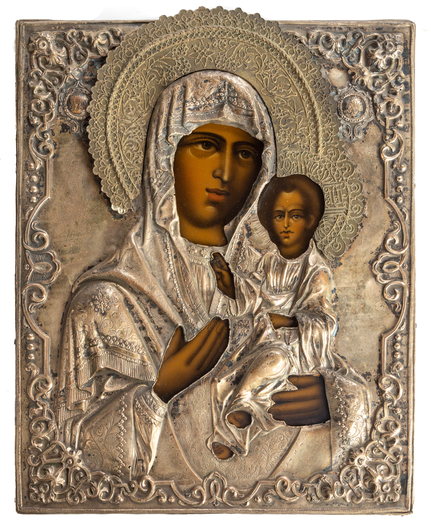 Appraisal: RUSSIAN ICON WITH MADONNA CHILD Silver over copper