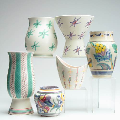 Appraisal: POOLE COLLARD HONITON Five Poole white clay vases with assorted