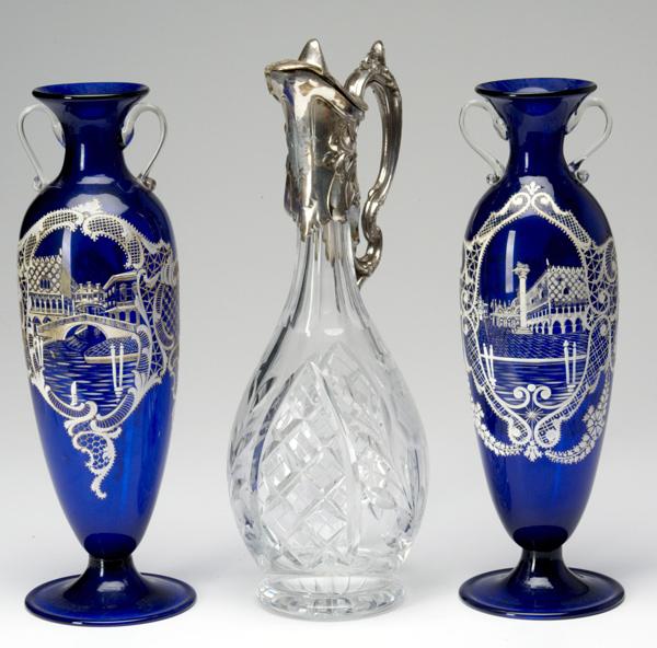 Appraisal: GLASS LOT Three pieces includes a pair of cobalt vases