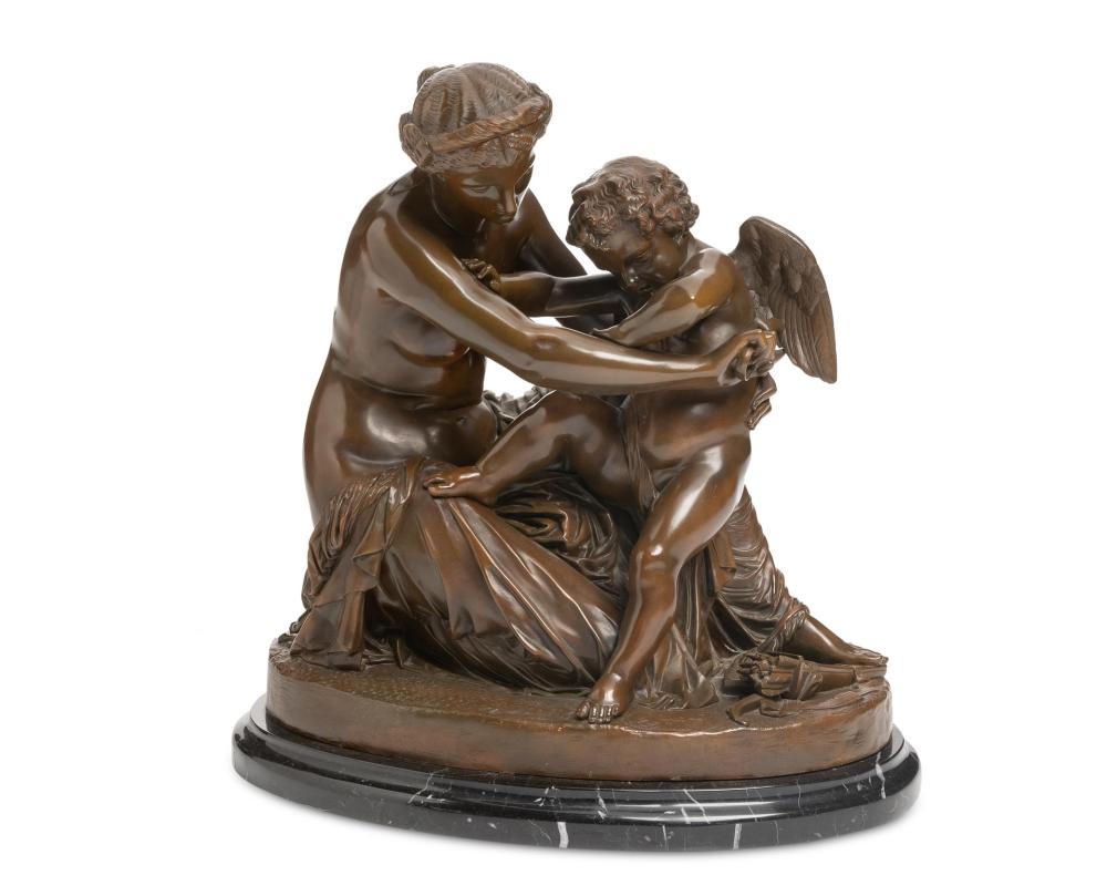 Appraisal: PIERRE ALEXANDRE SCHOENEWERK - TIME CLIPPING CUPID'S WINGS PATINATED BRONZE