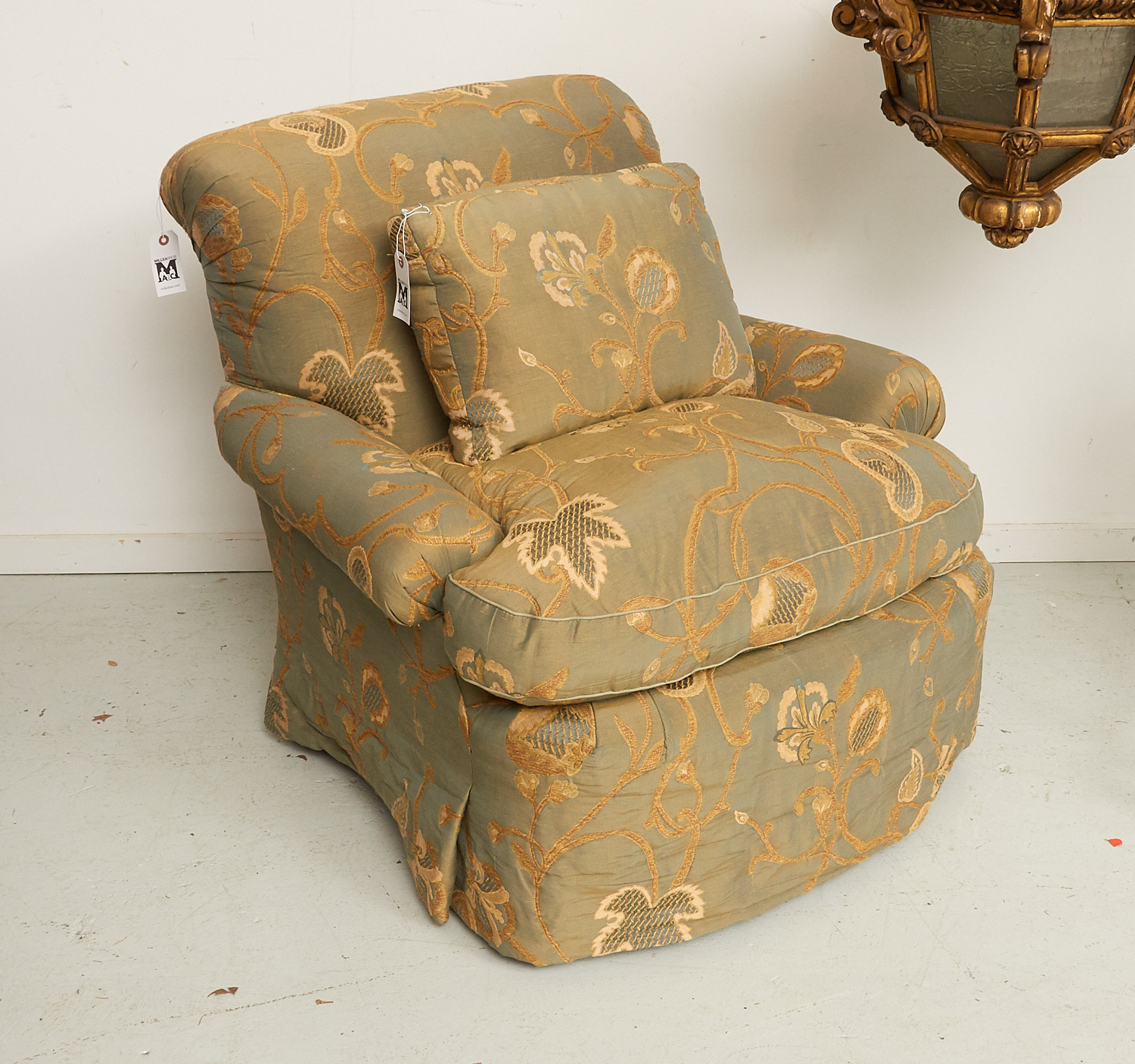 Appraisal: DESIGNER EMBROIDERED SILK UPHOLSTERED ARMCHAIR th st c nicely upholstered