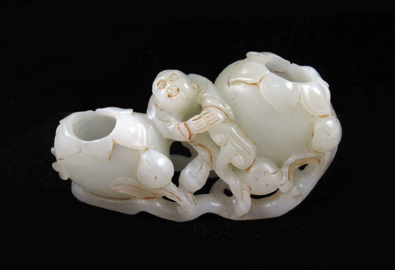 Appraisal: CHINESE CARVED WHITE JADE BRUSH POT SCULPTURE figural group depicting