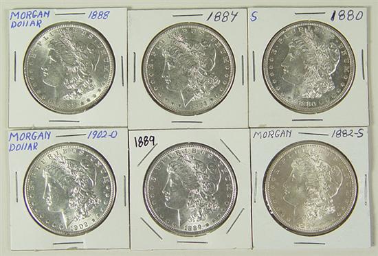 Appraisal: Six Uncirculated Morgan Dollars -S -S and -O Grade range