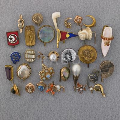 Appraisal: THIRTY-THREE PIECE STICK PIN COLLECTION Diverse subjects include celestial pearls