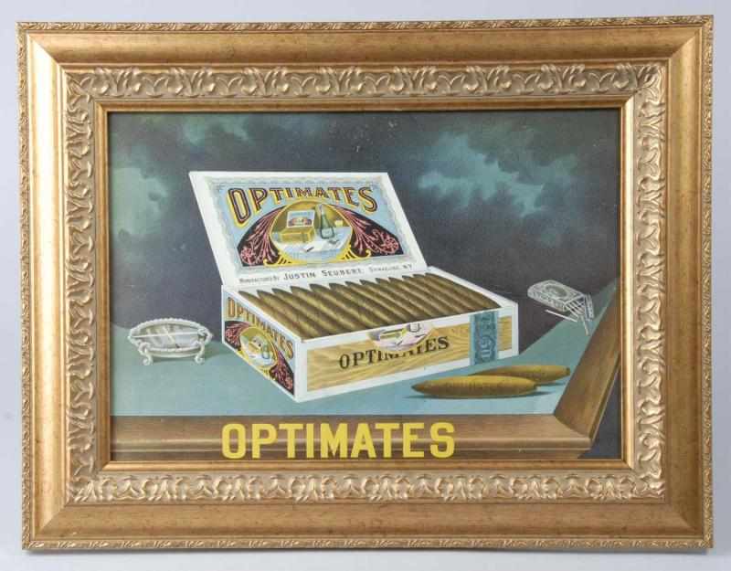 Appraisal: Tin Optimate Cigars Advertising Sign Description s Framed sign Condition