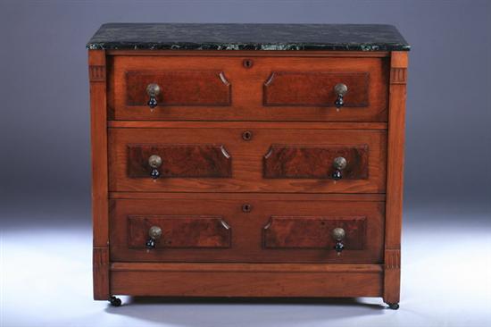 Appraisal: EASTLAKE STYLE MARBLE-TOP COMMODE early th century with ebonized drop-pulls