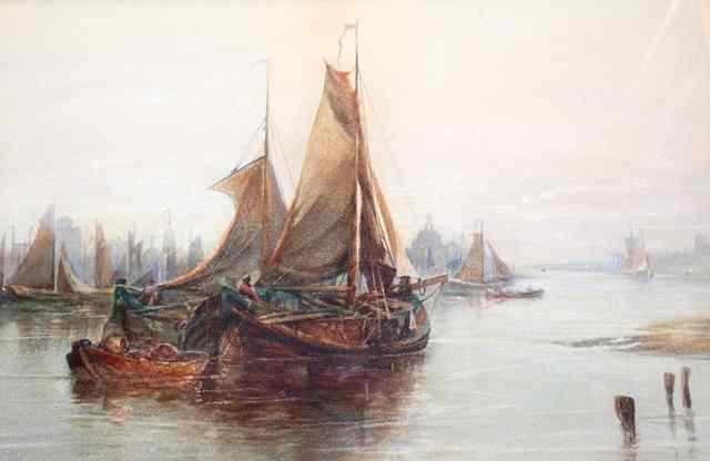 Appraisal: Circle of Frederick William Scarborough - Sailing barges in still