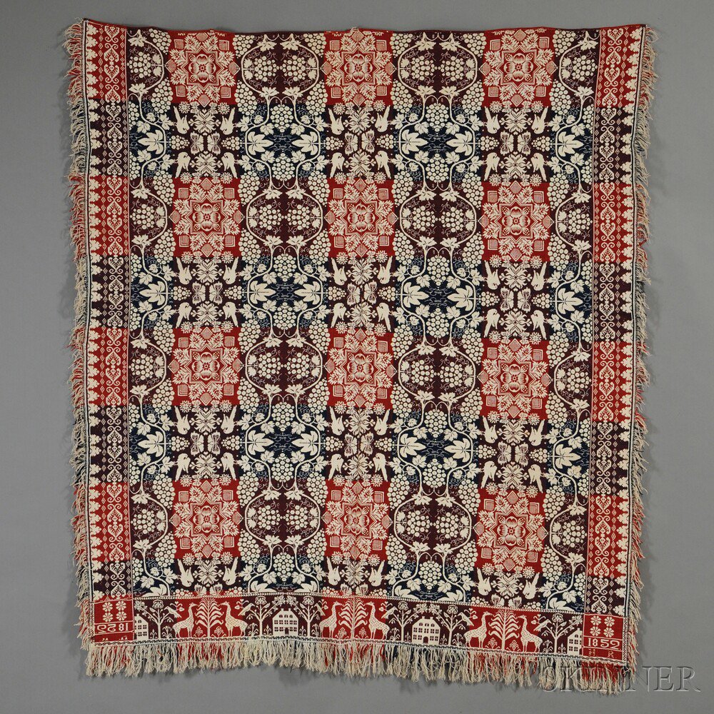 Appraisal: Three-color Woven Wool and Cotton Coverlet with Giraffe Border America