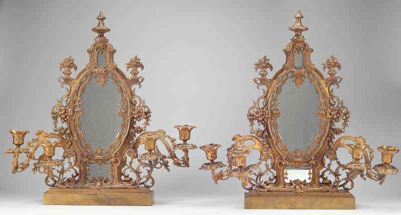 Appraisal: Pair of French Rococo style Mirrored Candelabrafinely cast brass foliate