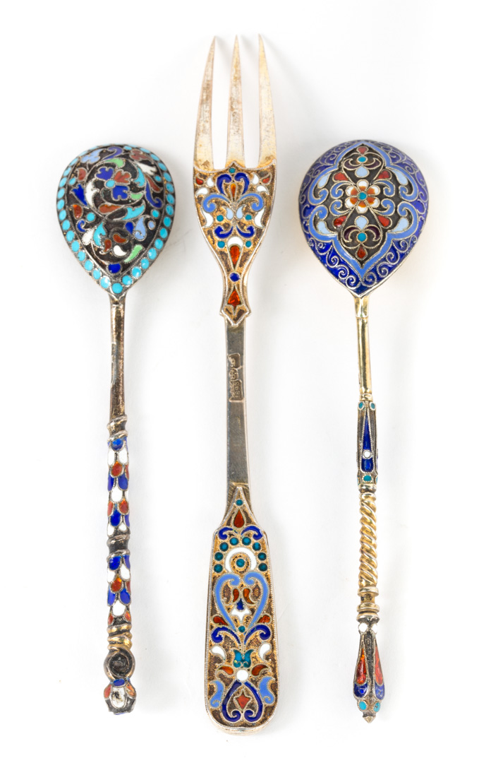 Appraisal: Russian cloisonne enamel fork two spoons Moscow late th early