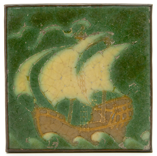 Appraisal: GRUEBY Tile decorated in cuenca with a tall ship in