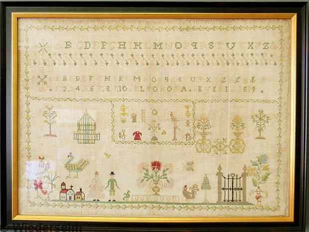 Appraisal: Large silkwork sampler probably English wrought by Elenora Severi with