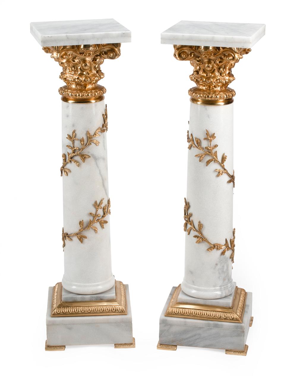 Appraisal: Pair of Louis XVI-Style Bronze-Mounted Marble Pedestals Corinthian capitals foliate