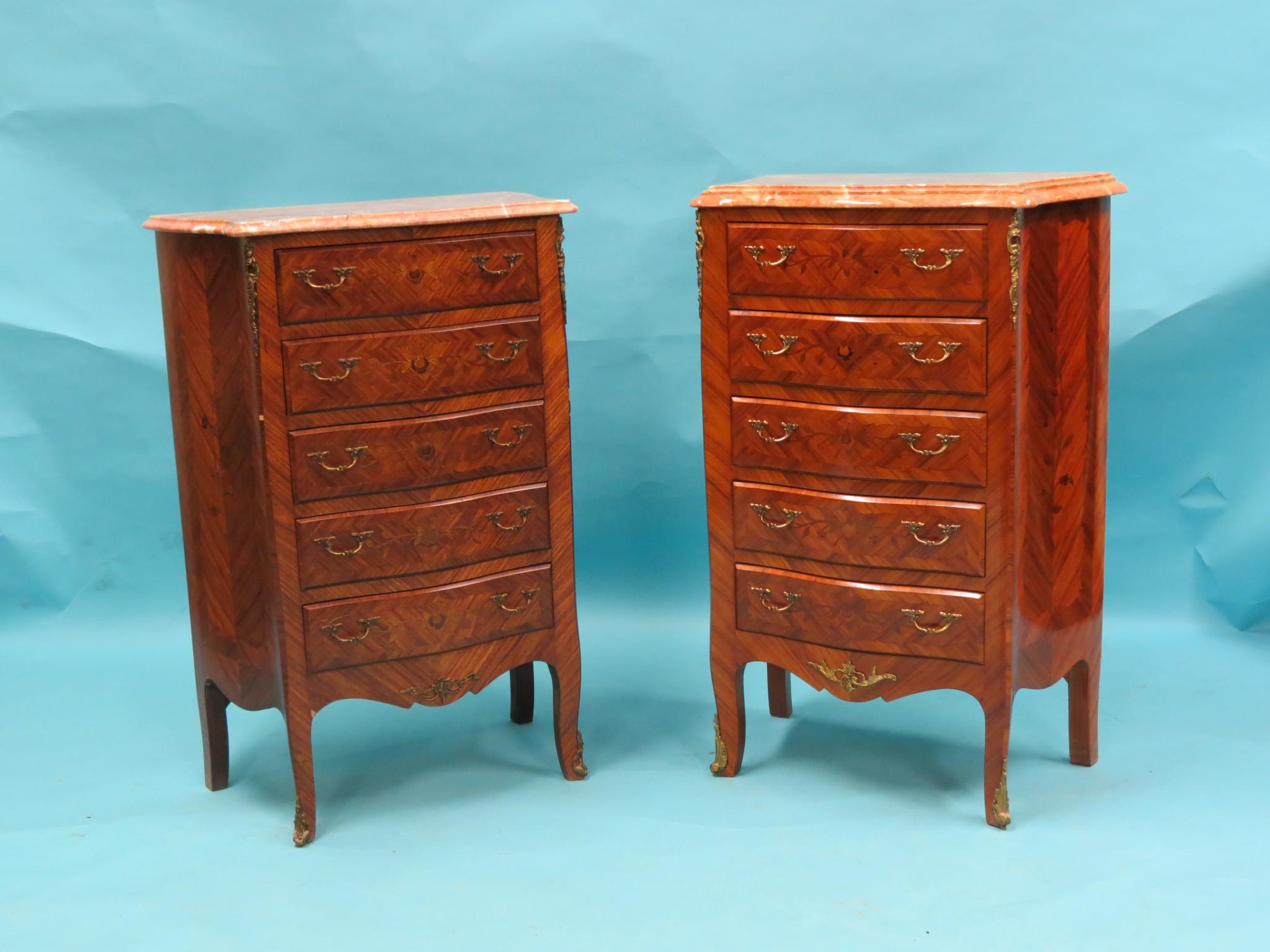 Appraisal: A pair of French mahogany and marquetry reproduction chests in