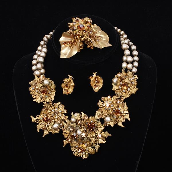 Appraisal: Miriam Haskell pc Floral Necklace Brooch Clip on Earrings