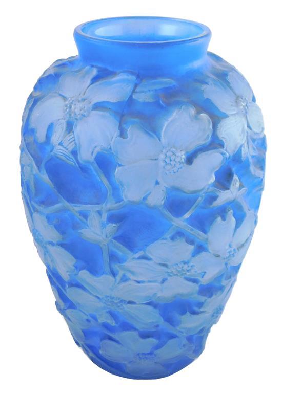 Appraisal: Blue Phoenix Dogwood glass vase c 's raised and molded