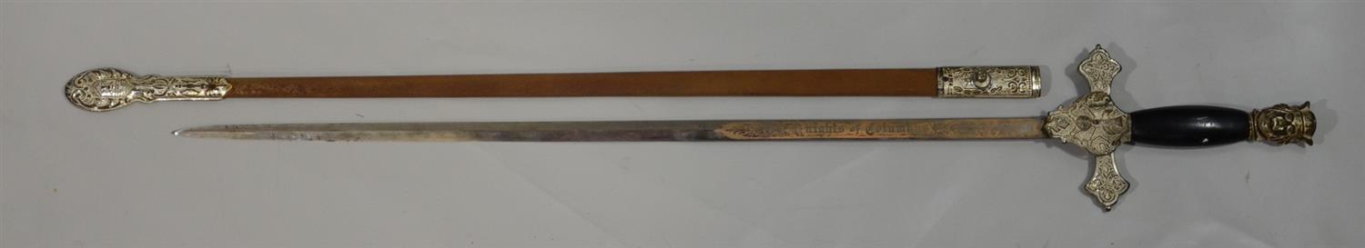 Appraisal: Knights of Columbus Sword Engraved Blade with Scabbard long overall