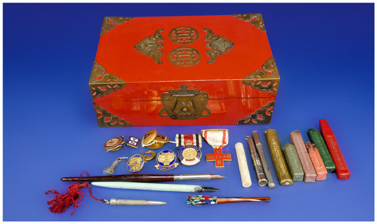 Appraisal: Chinese Export Red Lacquered Box with ornate brass fitments The