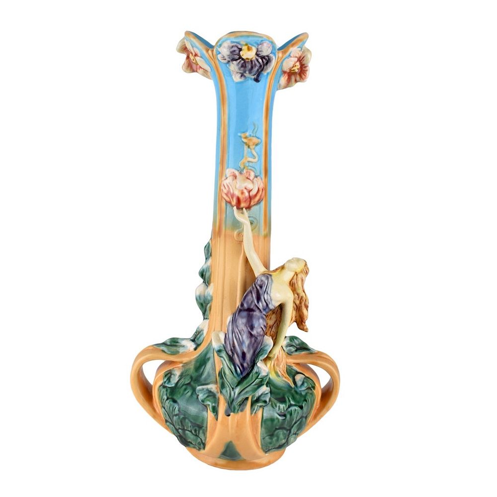 Appraisal: Large Majolica Glazed Porcelain Figural Vase Large Majolica Glazed Porcelain