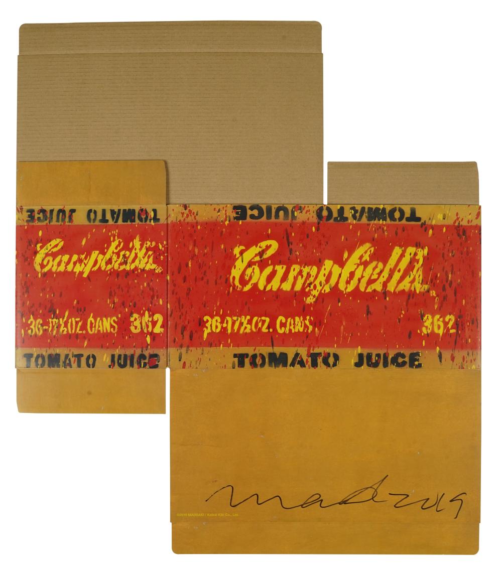 Appraisal: MADSAKI CAMPBELL'S TOMATO SOUP BOX print on cardboard cutout KaiKai