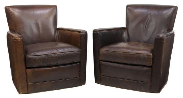 Appraisal: pair Brown leather club chairs Crate and Barrel late th