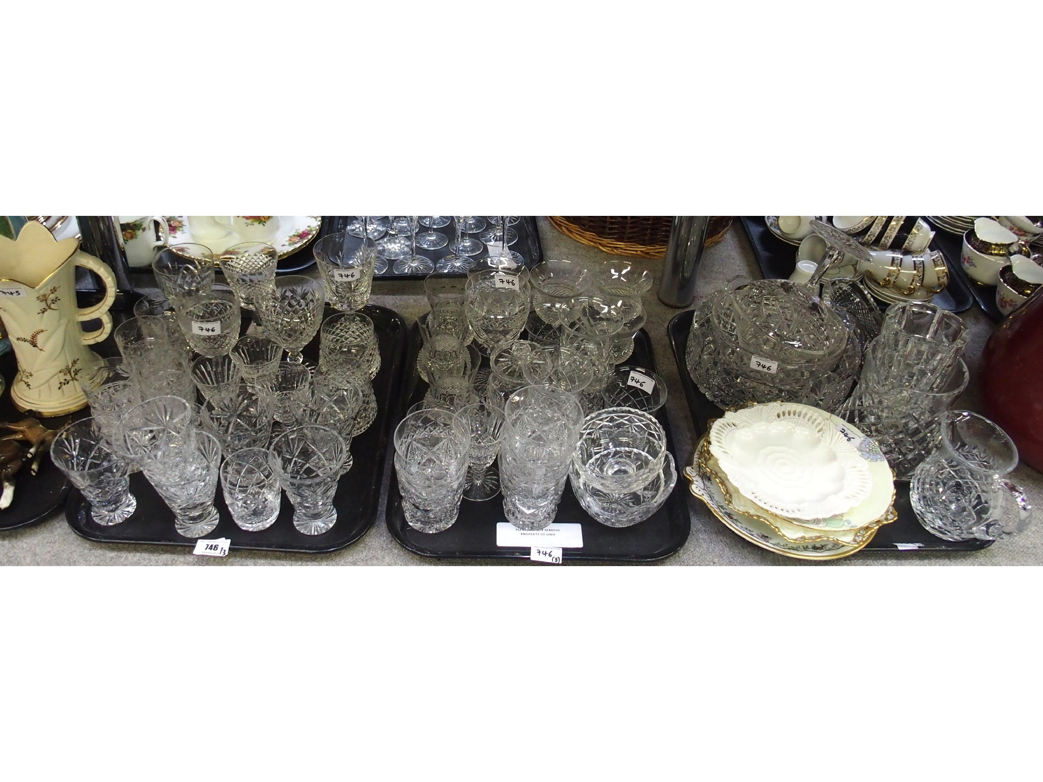 Appraisal: Three trays comprising various cut glass wine stems bowls etc