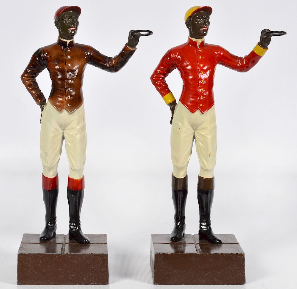 Appraisal: Two th C Miniature Painted Iron Jockeys Two American th