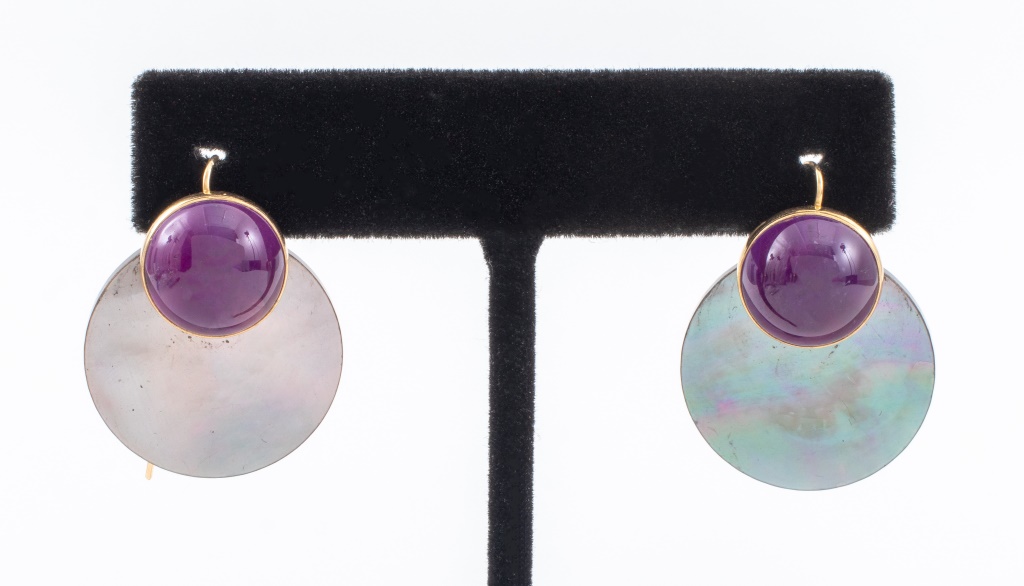 Appraisal: K YELLOW GOLD AMETHYST M O P EARRINGS Mid-century Modern