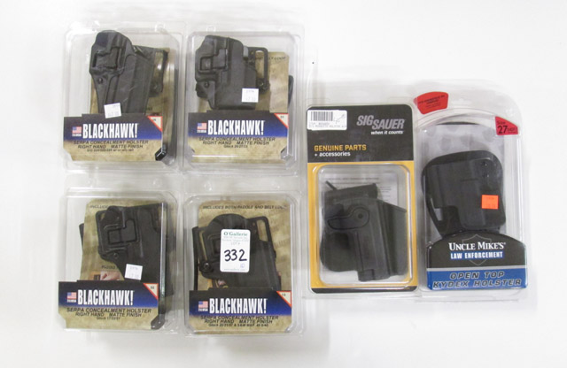 Appraisal: TEN PISTOL HOLSTERS Blackhawk sizes and Sig Sauer Mosquito Blade-tech