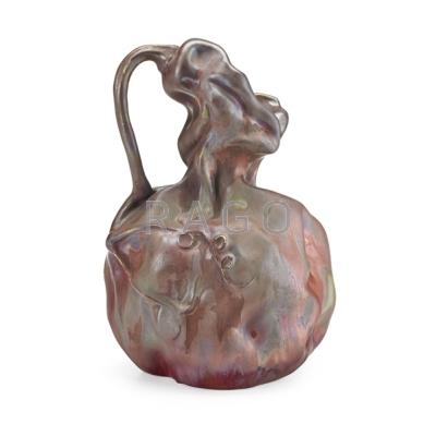 Appraisal: ERNEST BUSSIERE - KELLER GUERIN Ceramic gourd-form Art Nouveau pitcher