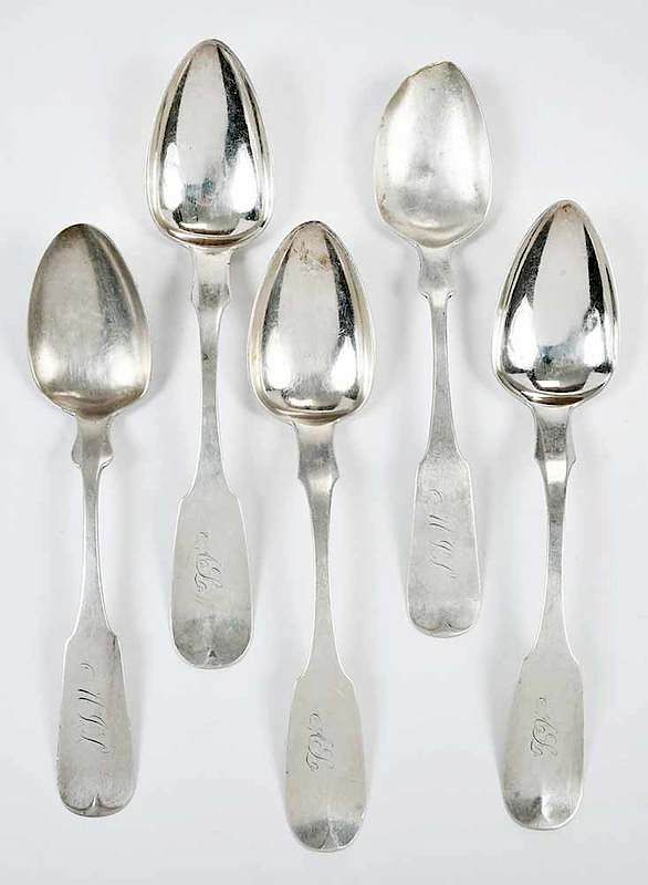 Appraisal: Five Southern Coin Silver Serving Spoons American mid th century