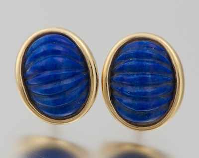 Appraisal: A Pair of Carved Lapis Earrings k yellow gold earrings