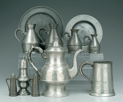 Appraisal: Eleven pieces pewter coffeepot probably American in base badly damaged