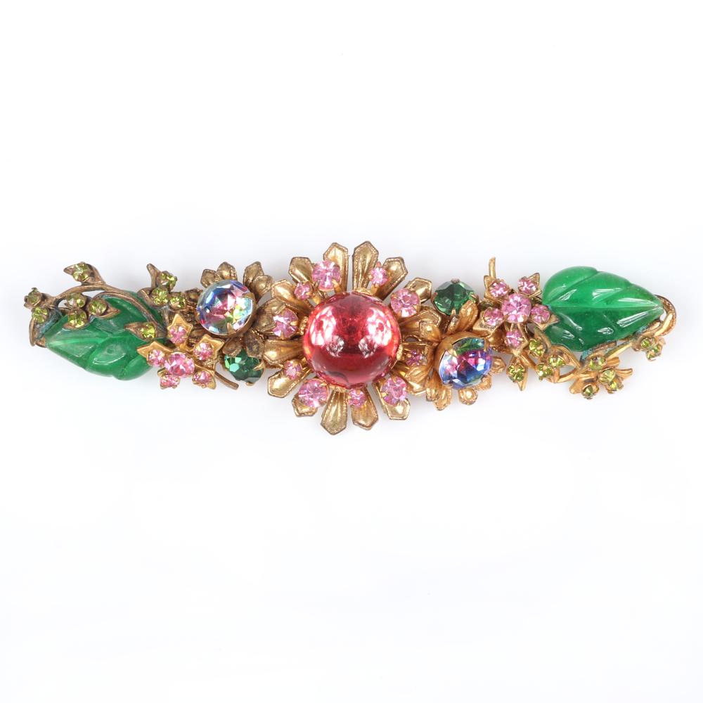 Appraisal: MIRIAM HASKELL LARGE JEWEL ENCRUSTED FLOWER BAR PIN WITH PINK