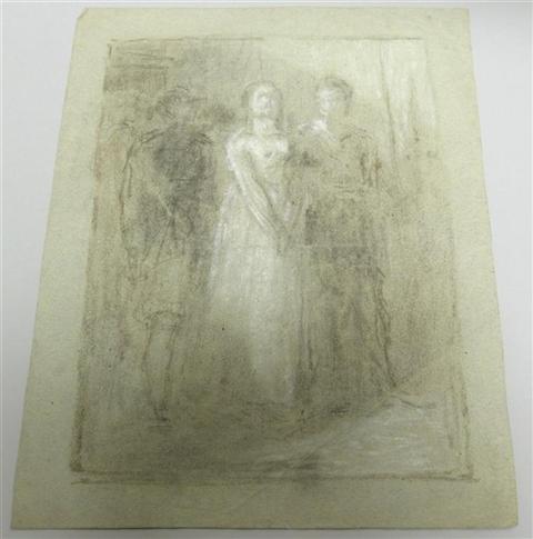 Appraisal: th CENTURY WOMAN IN WHITE BETWEEN TWO OFFICERS Charcoal and