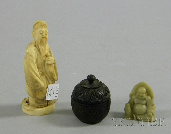 Appraisal: Three Carved Items stone seated figure of Buddha an ivory