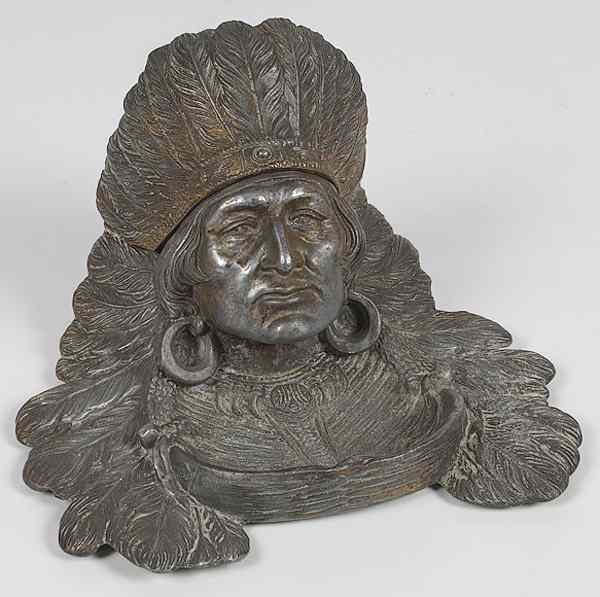 Appraisal: American Indian Bronze Inkwell Fine bronze figural inkwell depicting the