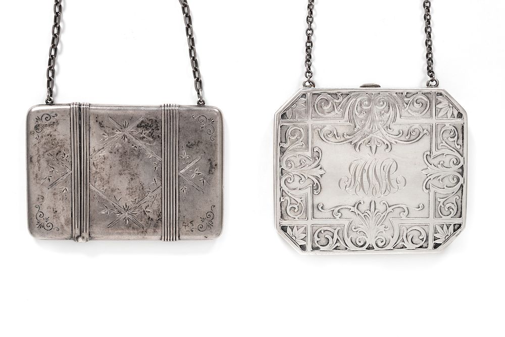 Appraisal: Two American Silver Calling Card Cases with Chain Handles TH